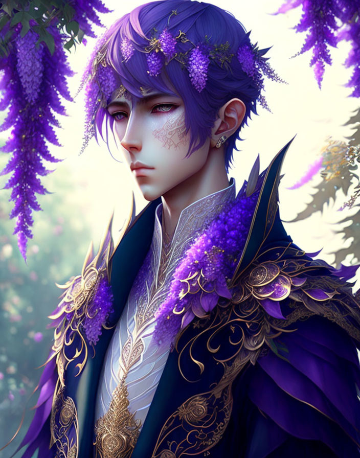 Regal figure with violet hair in gold-trimmed blue coat amidst purple wisteria