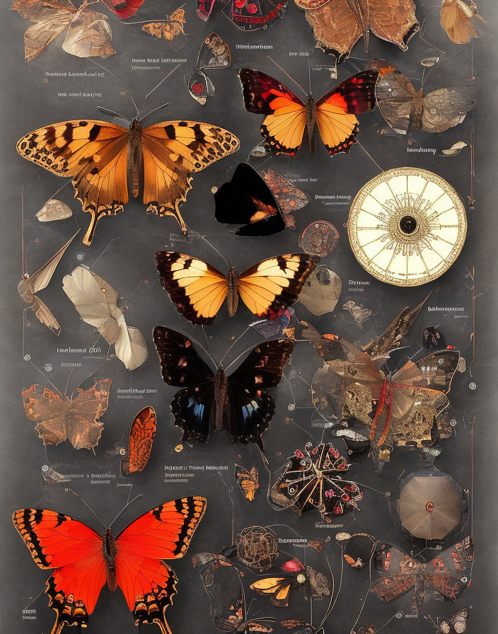 Vintage Butterfly and Moth Collage with Scientific Instruments and Celestial Maps