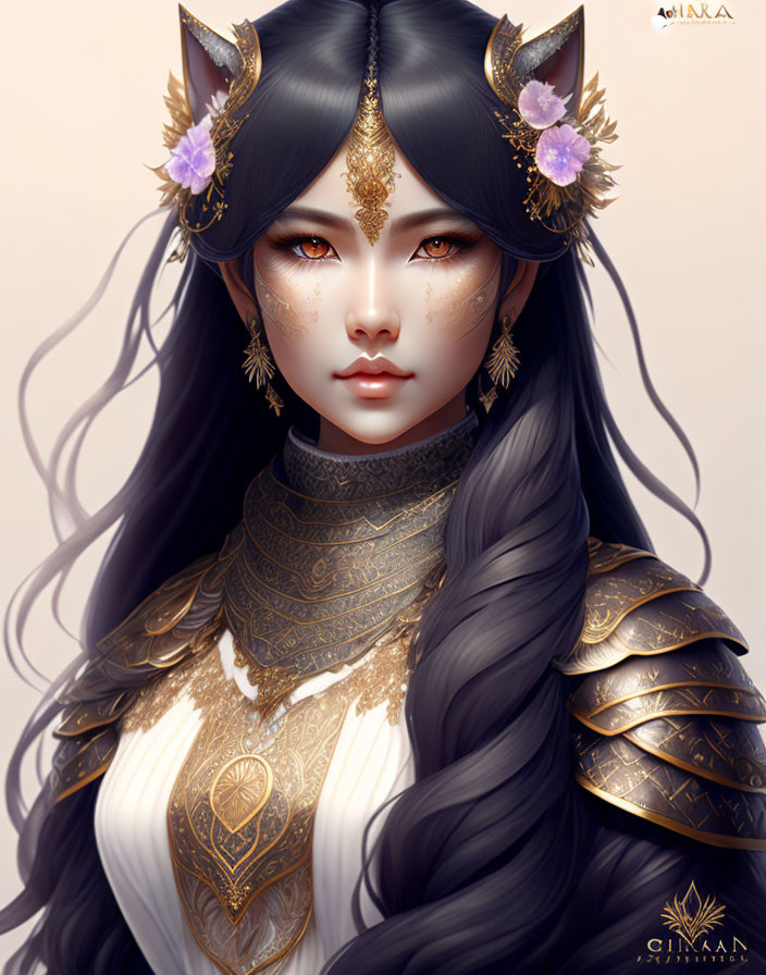 Fantasy character with black hair, fox ears, golden markings, gold & white armor