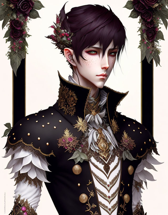 Illustrated character with dark hair, pale skin, purple eyes, black & white attire, gold embell