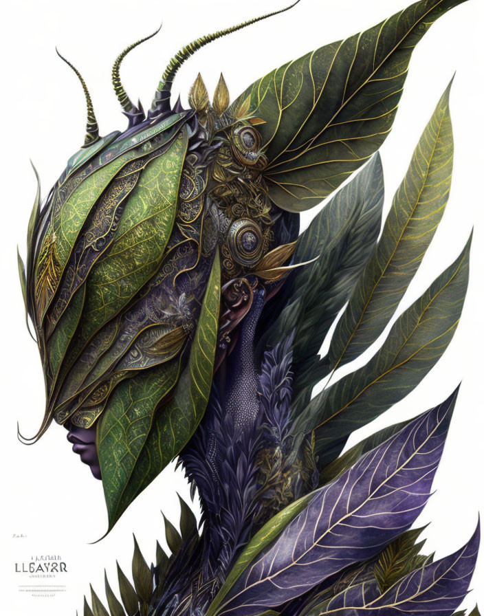 Fantasy creature illustration with leaf-shaped helmet and intricate natural armor.