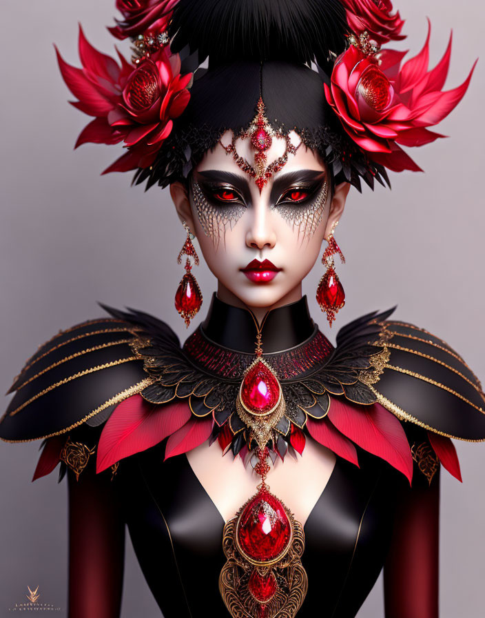 Elaborate Fantasy Makeup and Costume in Red and Black Tones