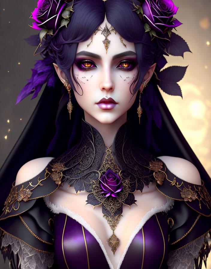 Portrait of woman with purple hair, violet eyes, dark & gold jewelry, roses, intricate facial markings