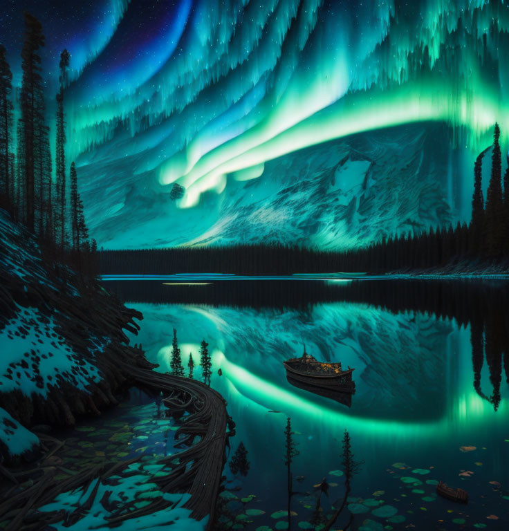 Snowy Mountain Landscape with Aurora Borealis and Lake Reflection