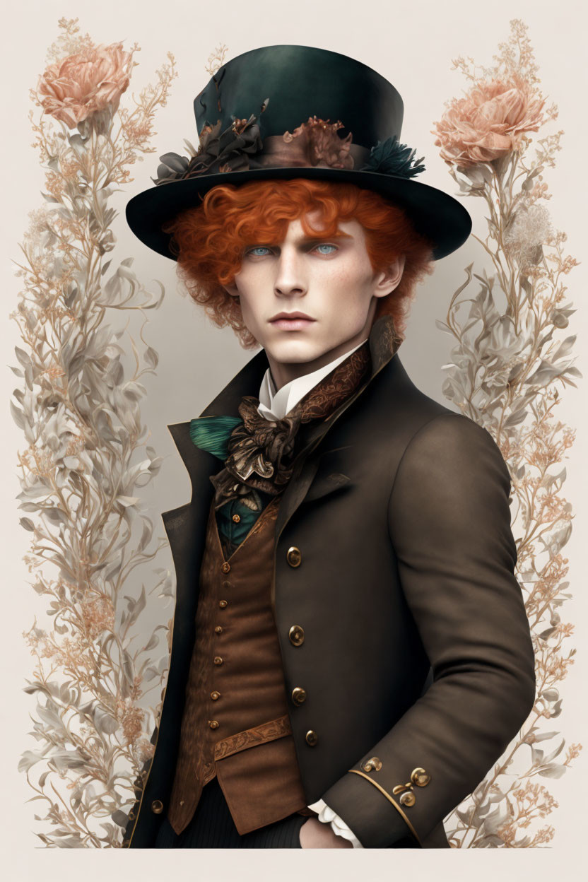 Curly Red-Haired Person in Floral Top Hat & 19th-Century Suit on Floral