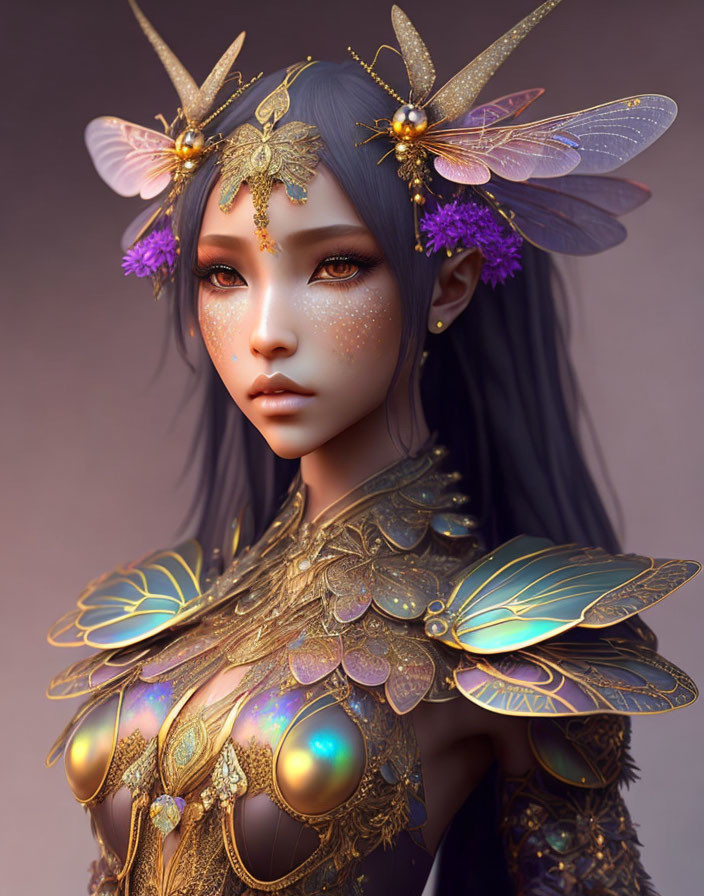 Fantastical female character with butterfly-inspired adornments in golden armor