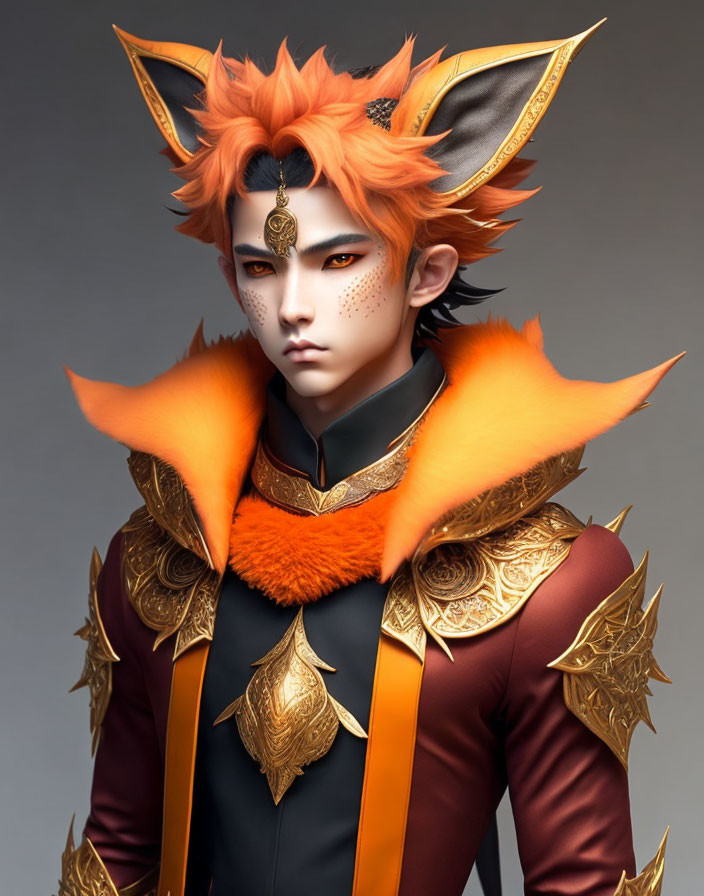 Character illustration: Fox-like features, pointed ears, orange fur, ornate outfit with gold accents