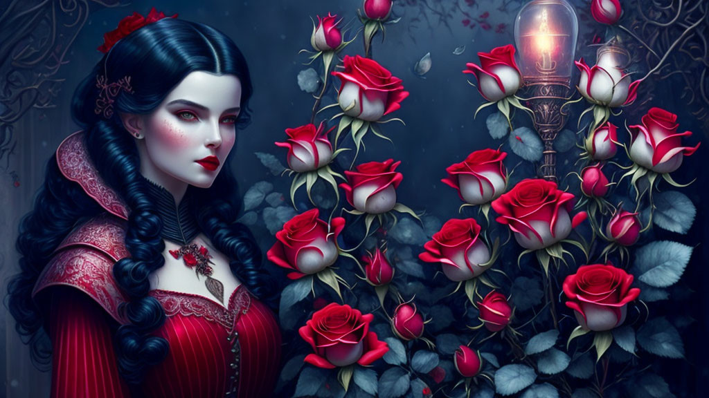 Gothic vampiric woman in red dress with roses and lantern