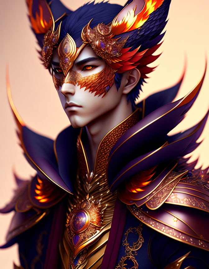 Detailed digital art of character with fox mask, golden ornaments, purple cloak.