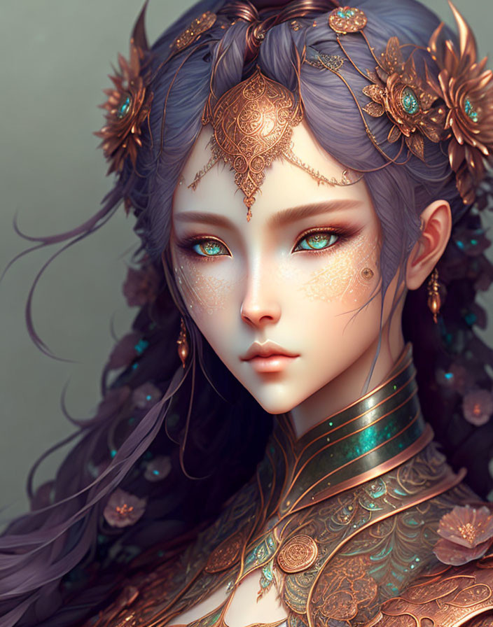 Detailed illustration of person with gold adornments, green eyes, and purple hair.