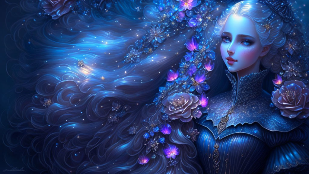 Fantastical illustration of a woman with flowing blue hair and floral adornments.