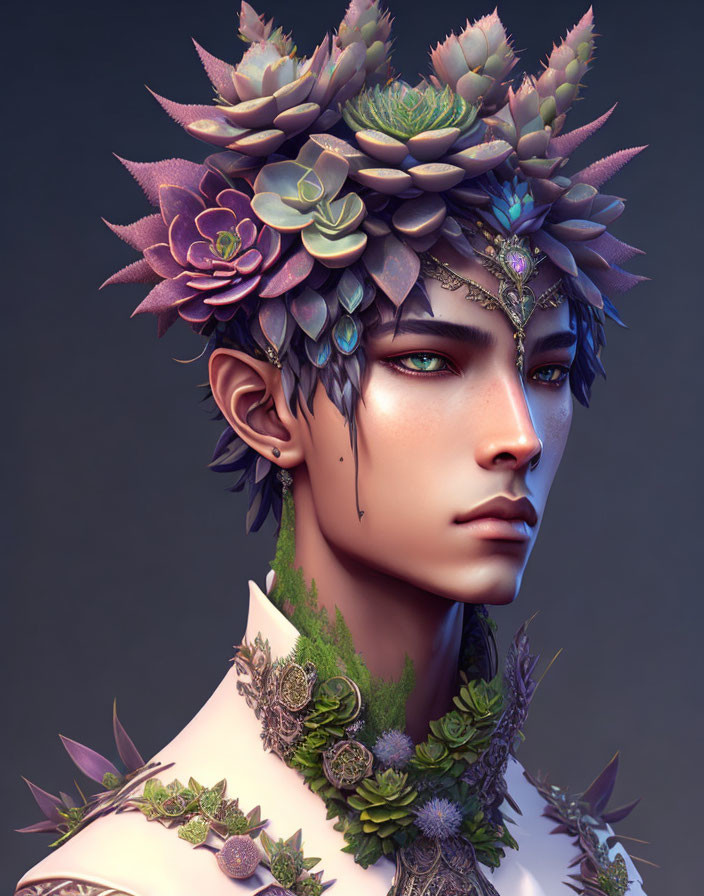 Digital portrait: Person with blue eyes, wearing crown of purple and green succulents and collar of