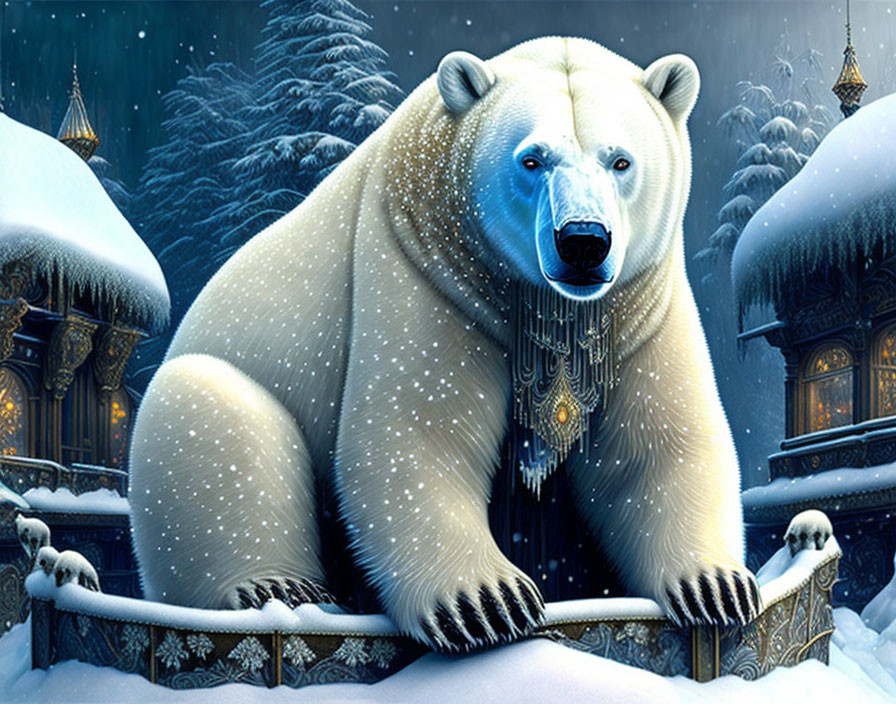 Polar bear in snowy landscape with fantasy houses at night