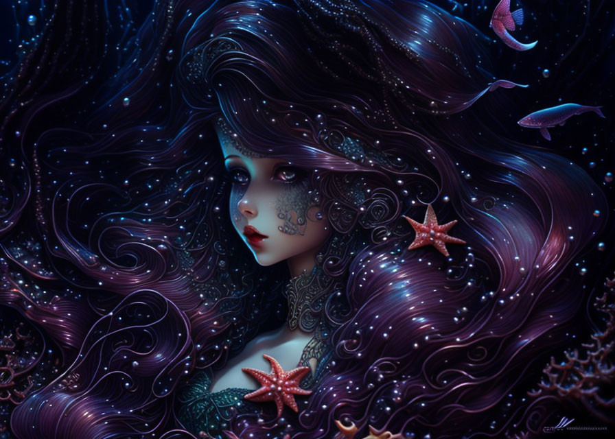 Fantastical illustration of a woman with cosmic hair and sea life.