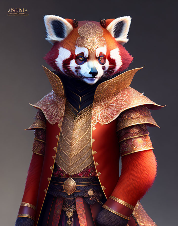 Regal red panda character in ornate red and gold armor with emblem