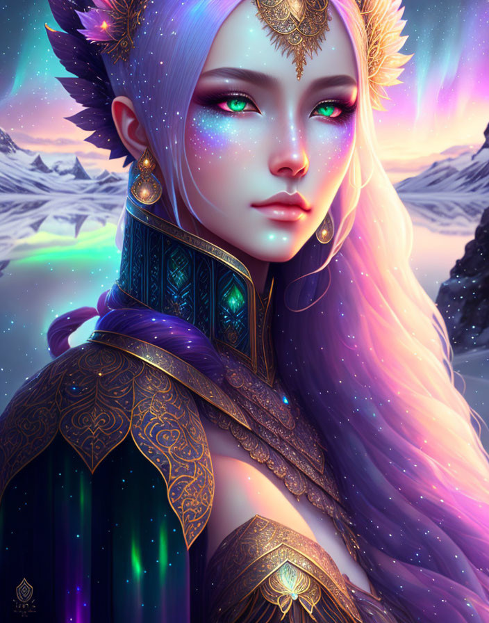 Ethereal female figure with violet hair and green eyes in golden headdress and armor against twilight mountains