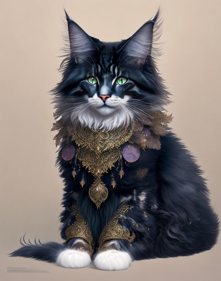 Majestic black and white fur cat with green eyes and golden jewelry