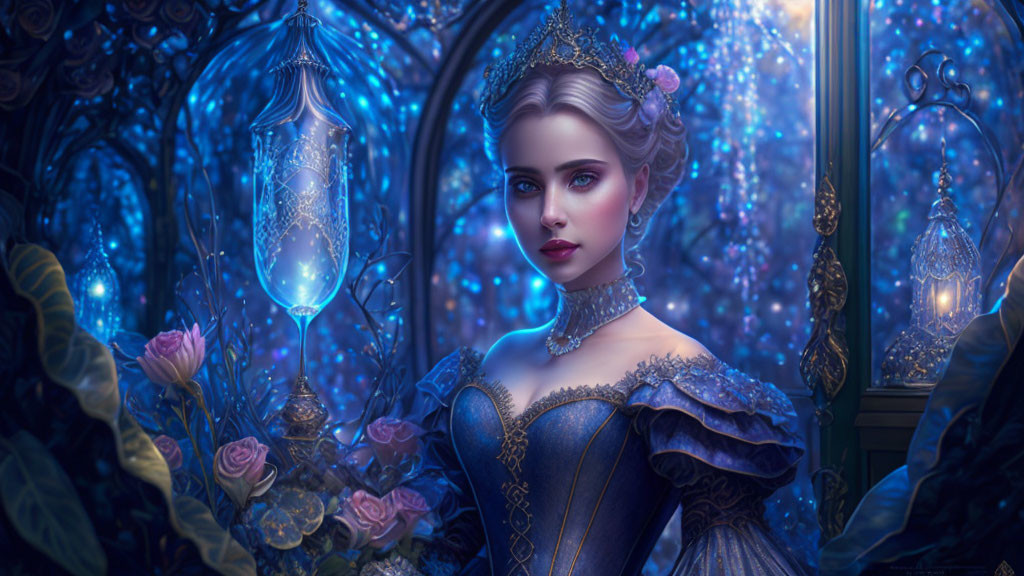 Illustration of elegant woman in jeweled blue gown in enchanted forest scene