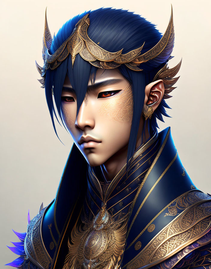 Regal figure with blue hair and golden horns in intricate gold armor