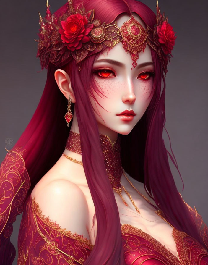 Fantasy character with purple hair, red eyes, gold headpiece, and intricate gown.