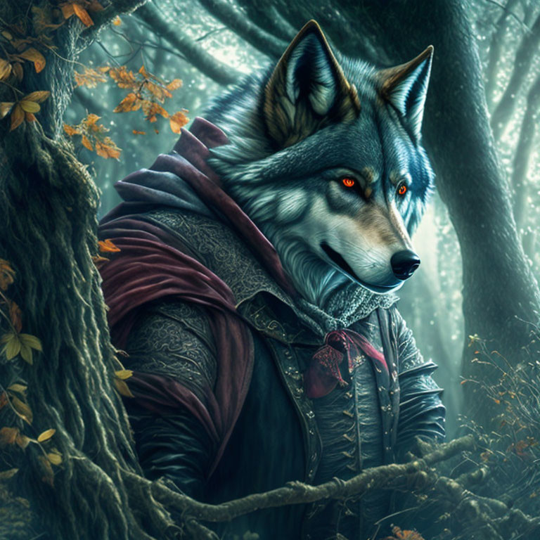 Anthropomorphic wolf in renaissance attire standing in forest