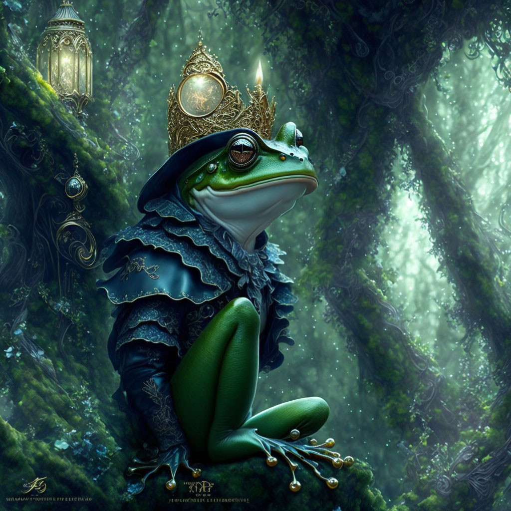 Regal Frog with Gold Crown and Monocular in Enchanted Forest