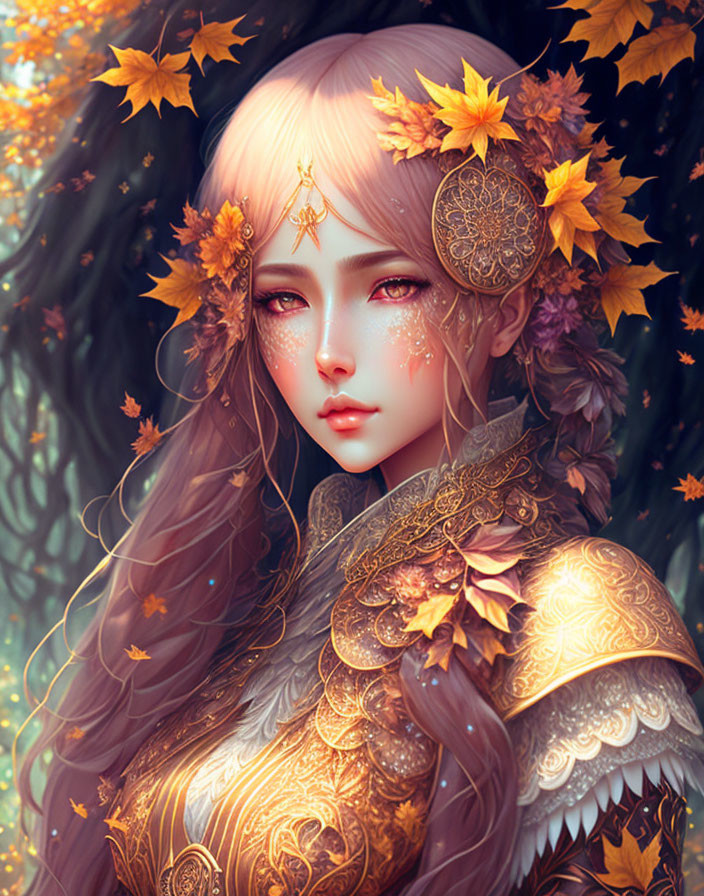 Ethereal animated character in golden armor with autumn leaves in hair