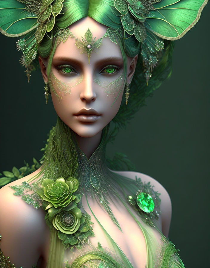 Woman adorned with green foliage, floral designs, and gemstones in a nature-inspired theme.