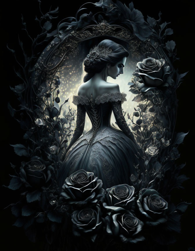 Gothic woman in dark dress with roses and mirror.