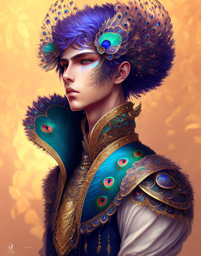 Person in Peacock-Themed Outfit with Blue Feathers and Gold Accents