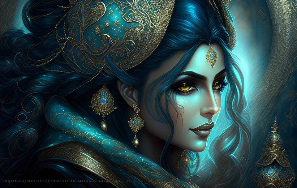 Blue-skinned woman with golden headgear and jewelry in digital art