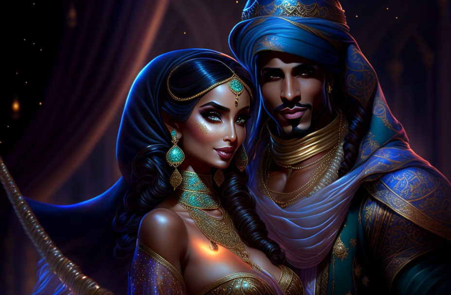 Regal couple in traditional attire on Arabian nights backdrop