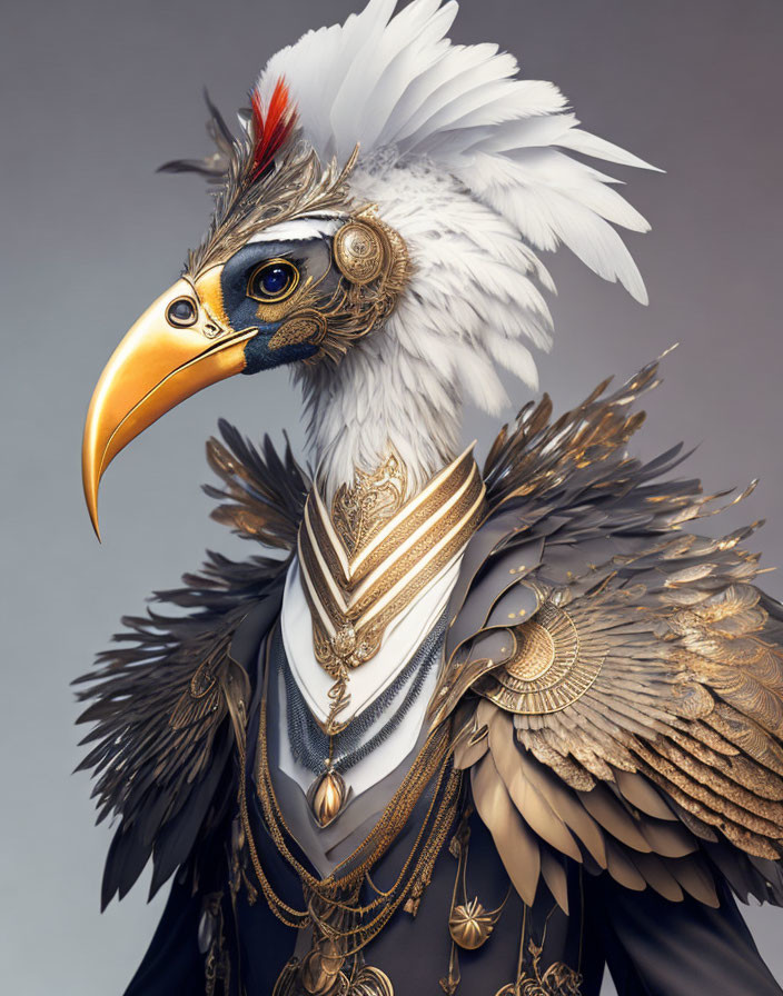 Anthropomorphized eagle character in elegant, ornate armor with gold accents