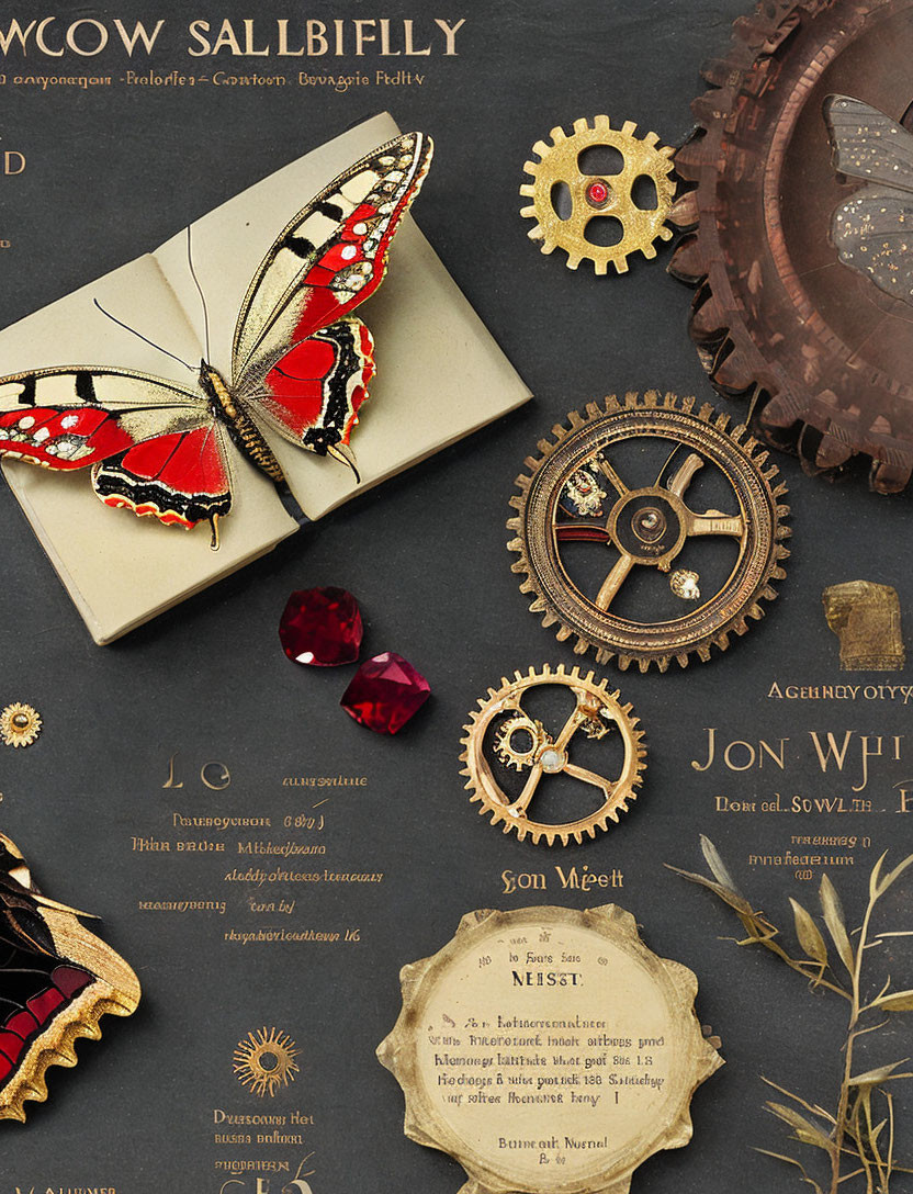 Steampunk-themed artwork featuring butterfly, book, gears, cogs, and gemstones