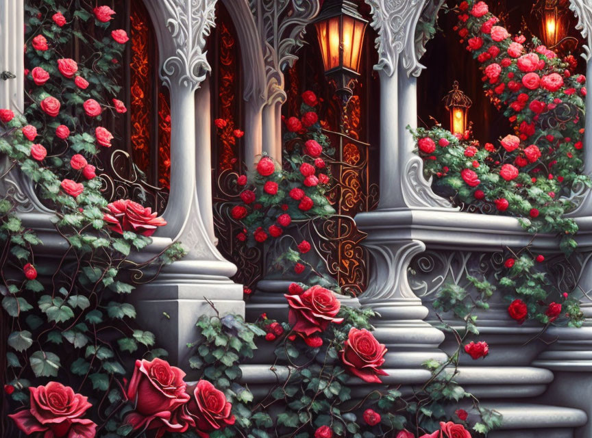 Intricate Gothic window with red roses and ivy under antique lantern light