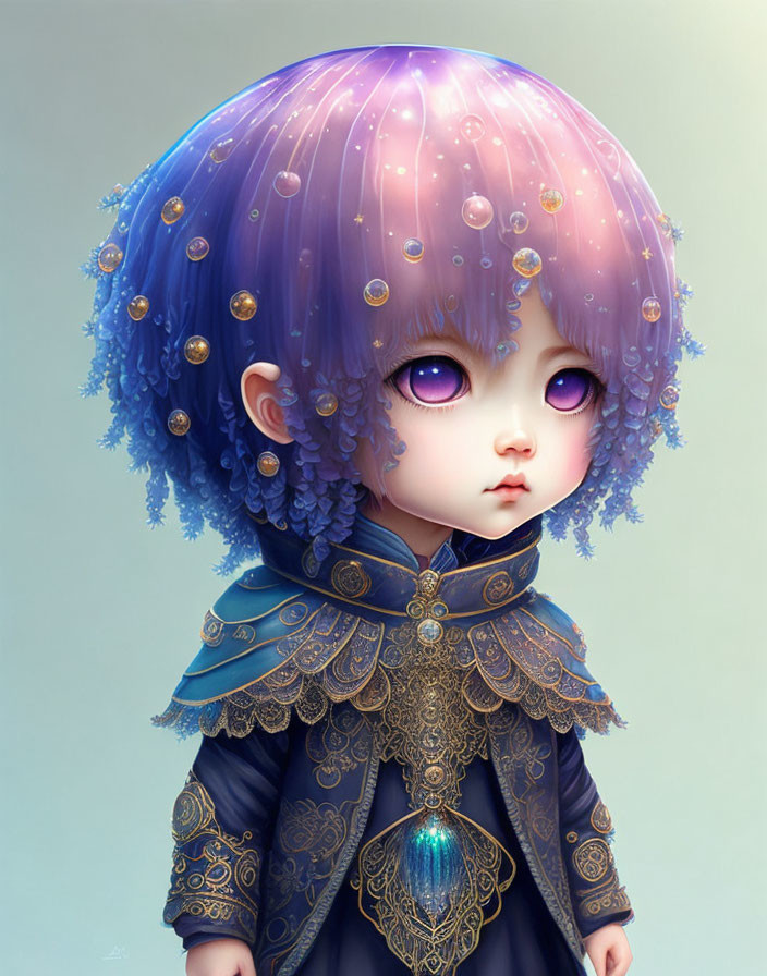 Child with Large Translucent Purple-Blue Bob Haircut and Ornate Blue-Gold Outfit