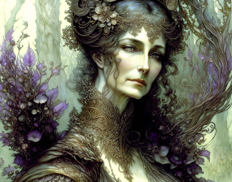 Intricate nature-inspired portrait of a woman with solemn expression