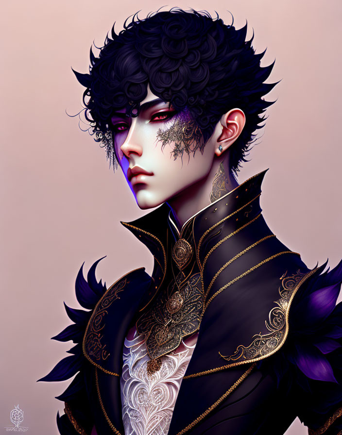 Illustrated portrait of person with intricate tattoos, purple eyes, curly black hair, ornate outfit