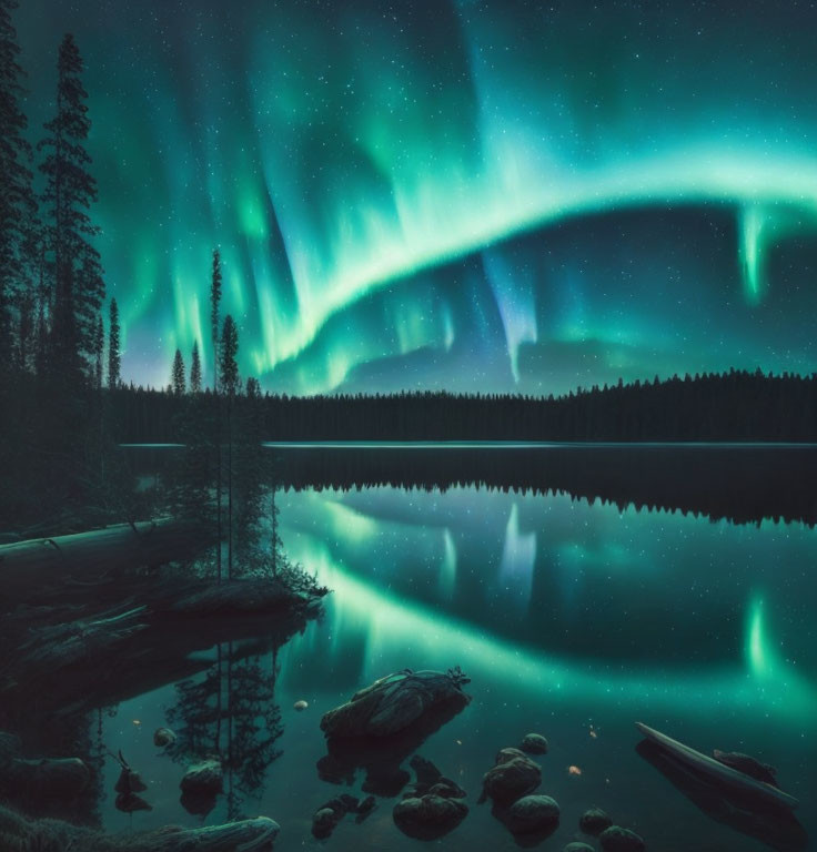 Tranquil Night Landscape: Aurora Borealis Over Lake & Pine Forest