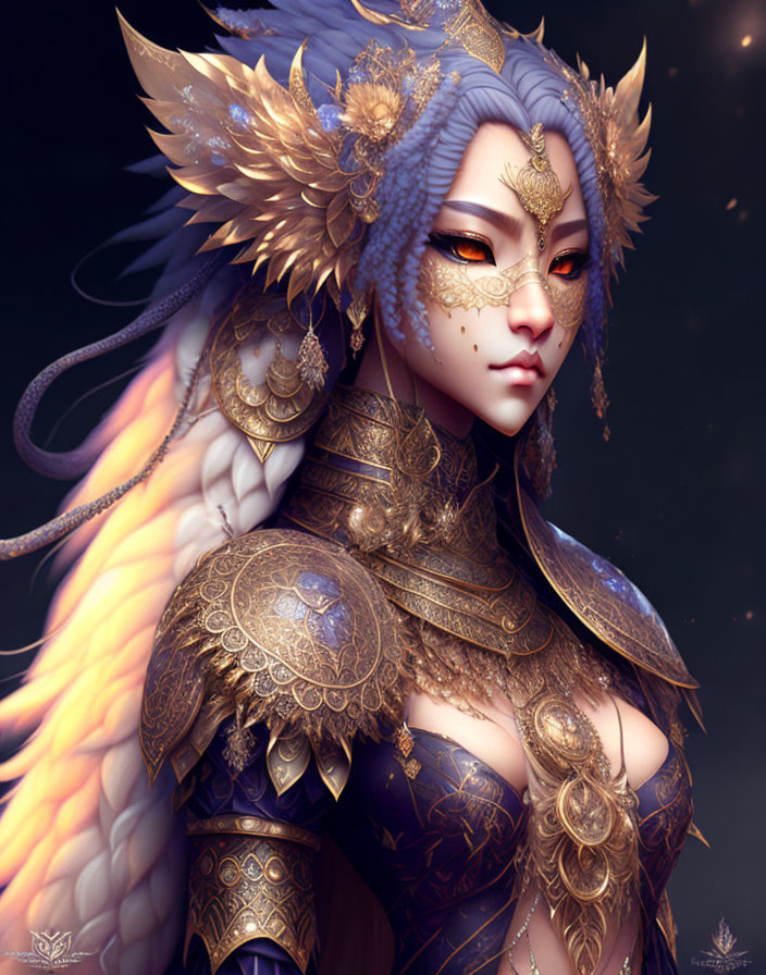 Female fantasy character in golden armor with violet eyes and feathered headdress