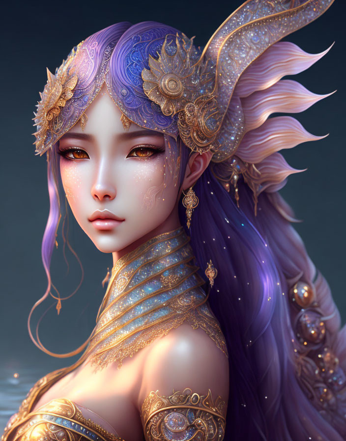 Fantasy character digital artwork: purple hair, golden headpiece, shimmering armor