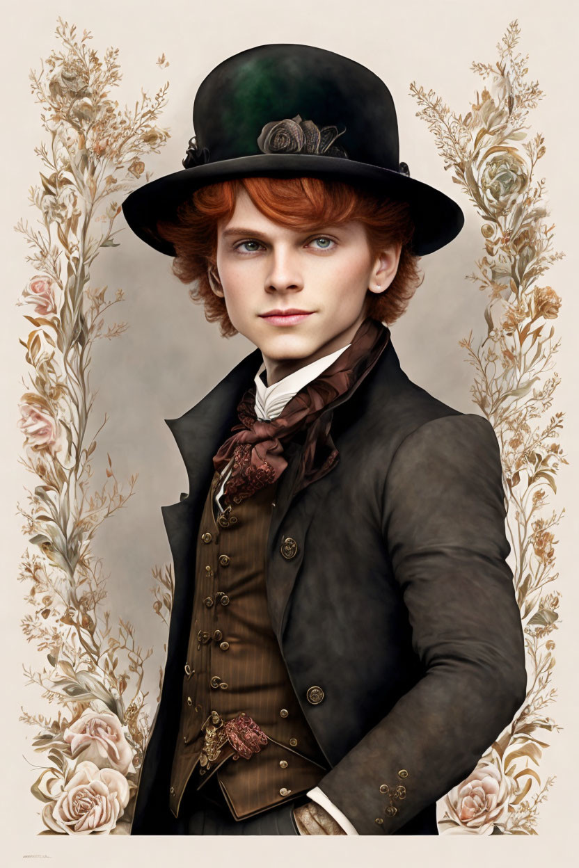 Person with Red Hair and Blue Eyes in Victorian Outfit with Top Hat and Rose on Floral Background