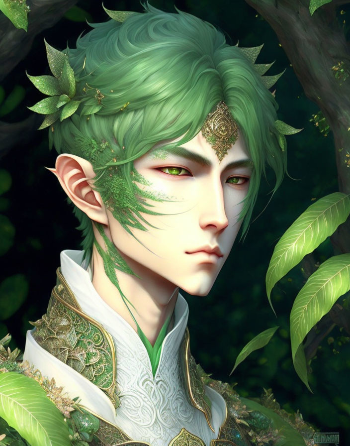 Fantasy character with green hair and golden eye markings in leaf-themed attire