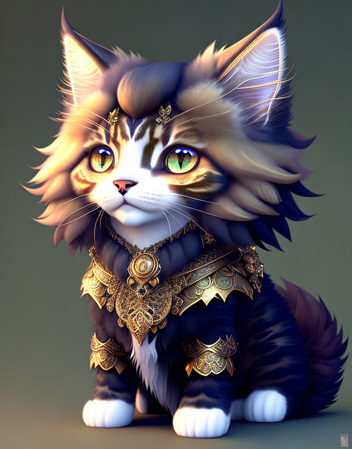 Detailed Fantasy Kitten Illustration with Golden Jewelry