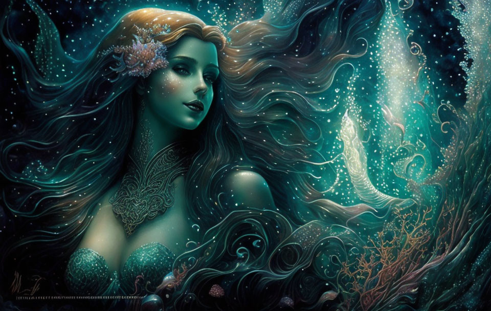 Mermaid with Glowing Skin Surrounded by Underwater Flora