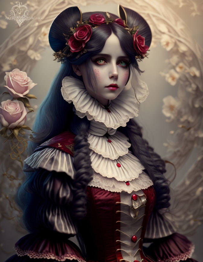 Fantasy character with pale skin, dark hair, cat-like ears, red roses, ruffled collar