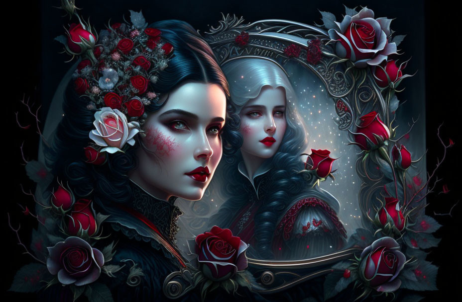 Gothic-style artwork of a dark-haired woman with roses, gazing at her reflection amid orn