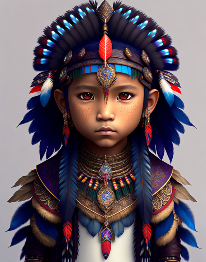 Indigenous-inspired child portrait with headdress and vibrant colors