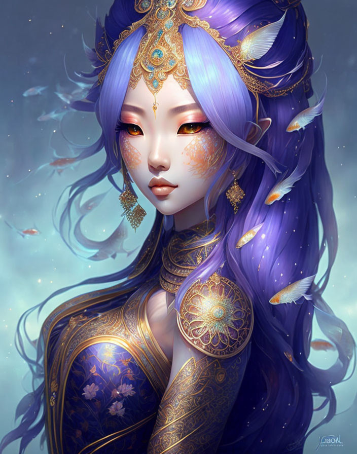 Illustrated female character with violet hair and intricate golden and blue armor against mystical blue backdrop