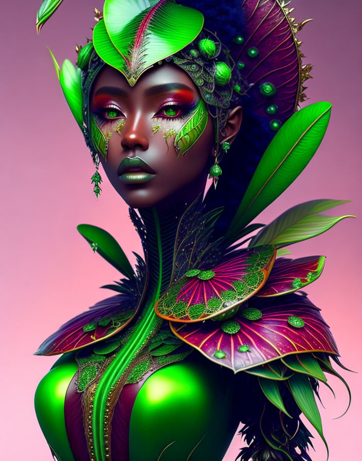 Fantasy-themed digital artwork of a woman with vibrant green and purple makeup and attire, adorned with leaf